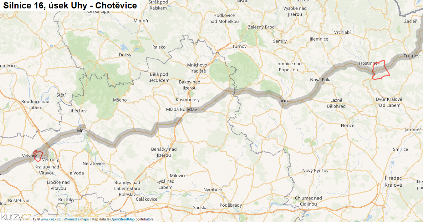 Úsek Uhy - Chotěvice, Silnice 16 - Mapa