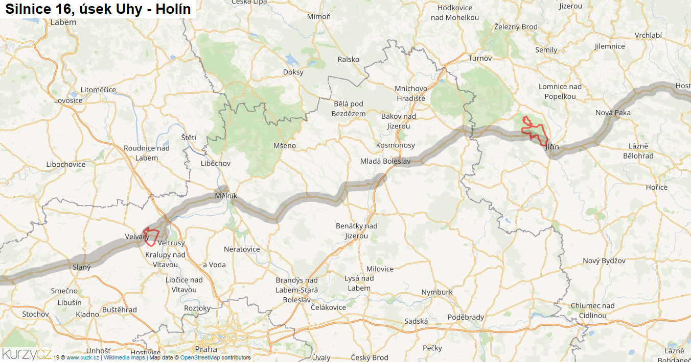 Úsek Uhy - Holín, Silnice 16 - Mapa