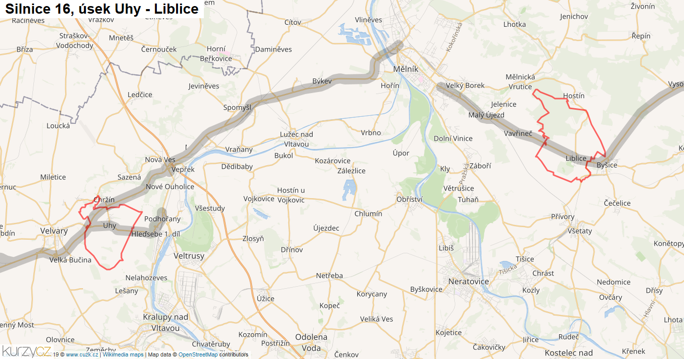 Úsek Uhy - Liblice, Silnice 16 - Mapa