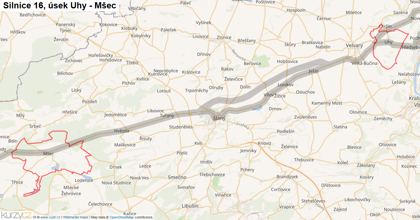 Úsek Uhy - Mšec, Silnice 16 - Mapa