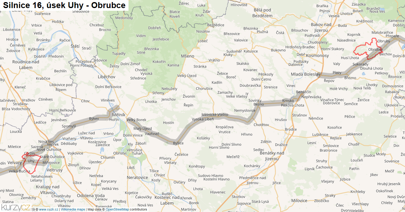 Úsek Uhy - Obrubce, Silnice 16 - Mapa