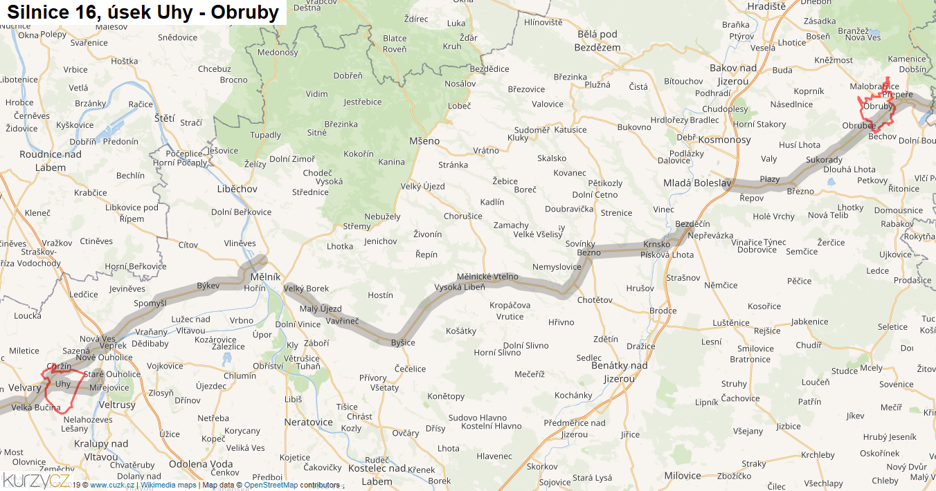 Úsek Uhy - Obruby, Silnice 16 - Mapa