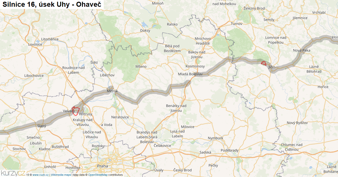 Úsek Uhy - Ohaveč, Silnice 16 - Mapa