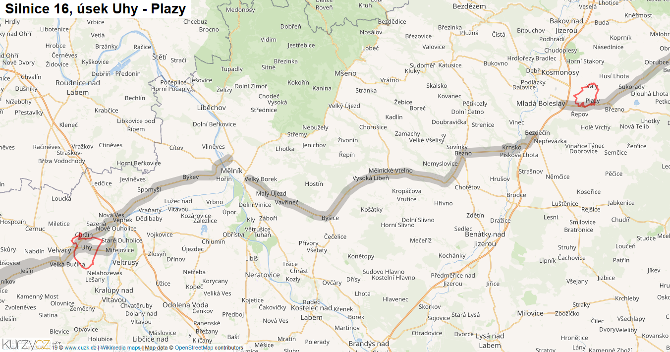 Úsek Uhy - Plazy, Silnice 16 - Mapa