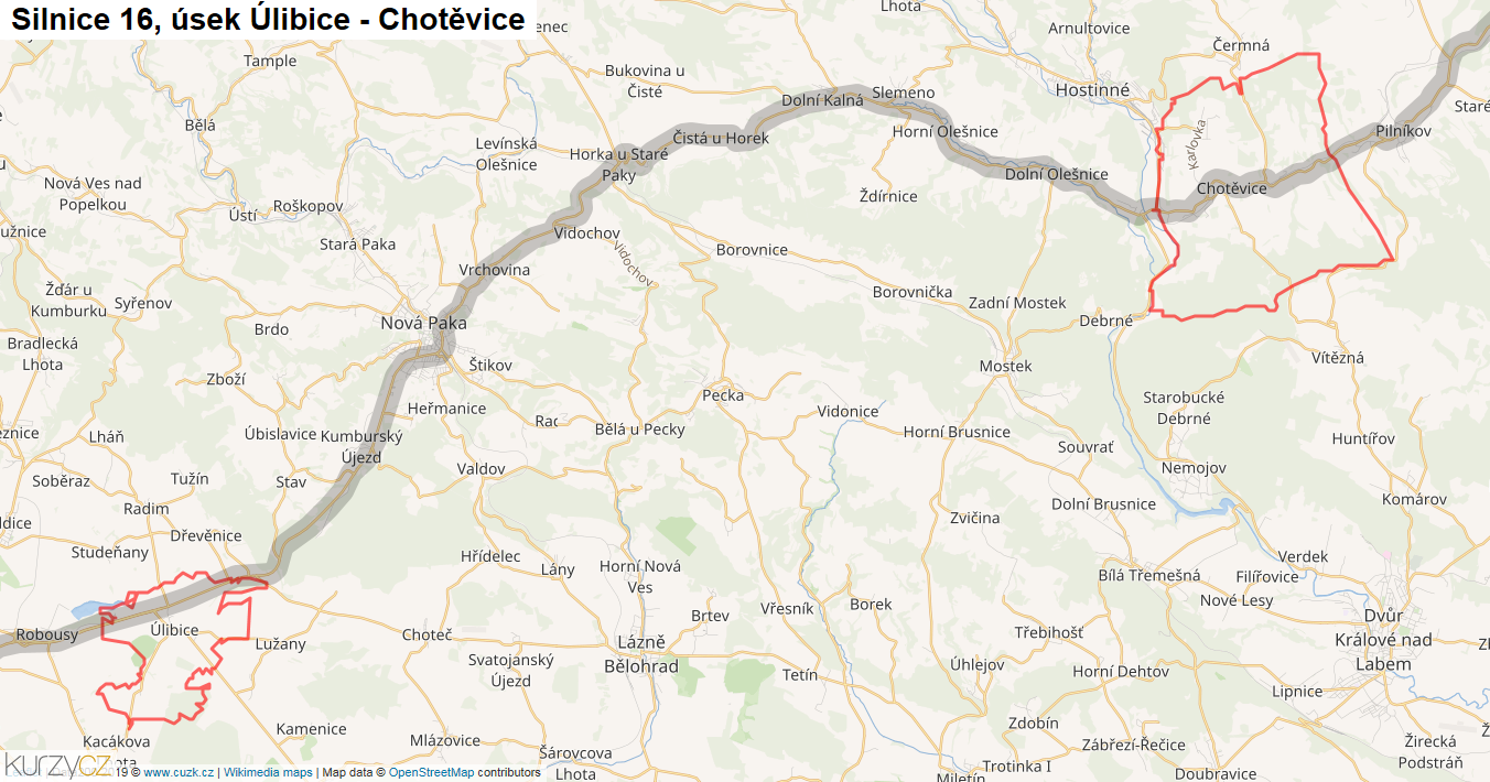 Úsek Úlibice - Chotěvice, Silnice 16 - Mapa