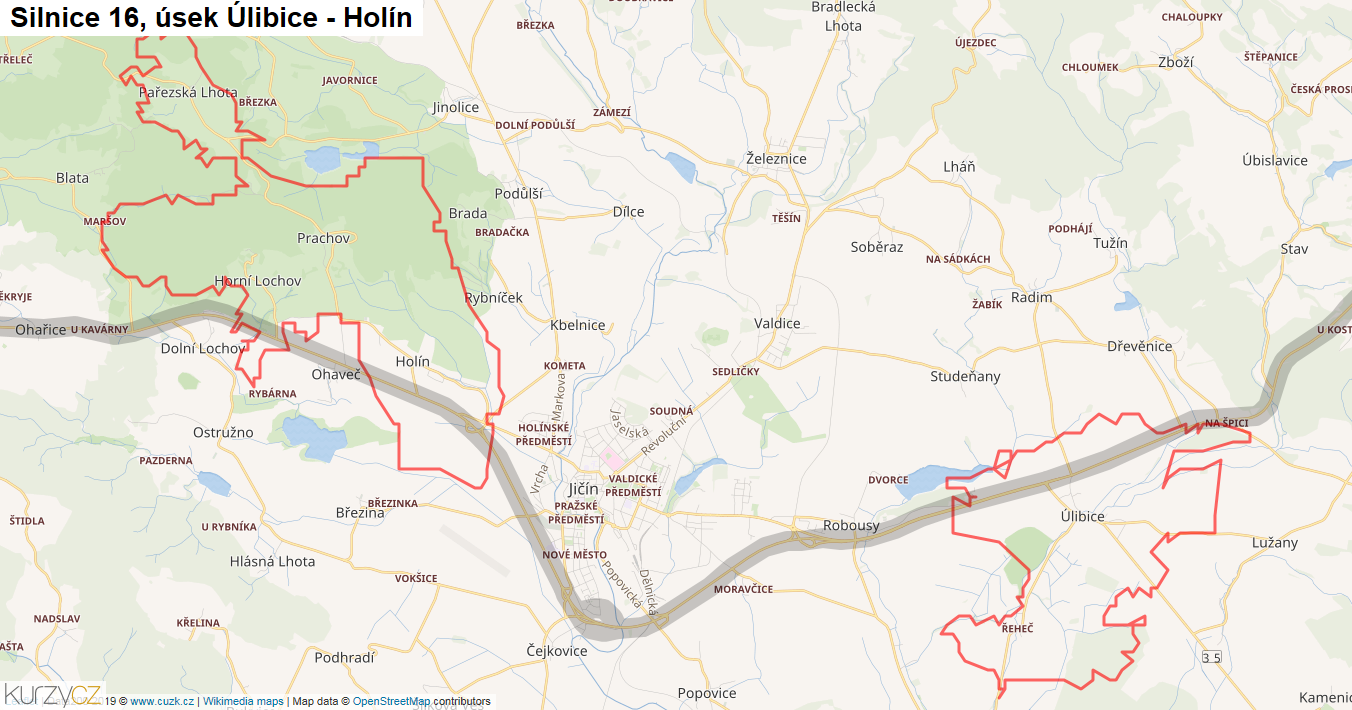 Úsek Úlibice - Holín, Silnice 16 - Mapa
