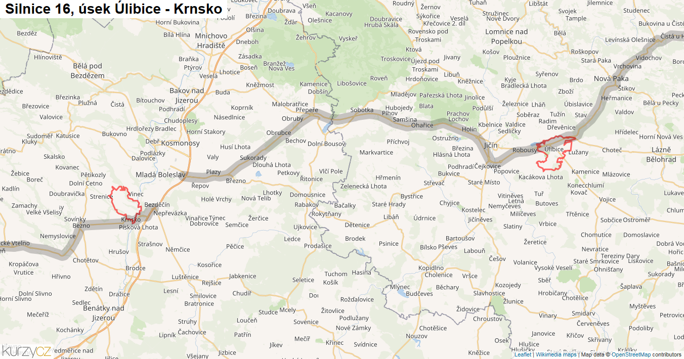 Úsek Úlibice - Krnsko, Silnice 16 - Mapa