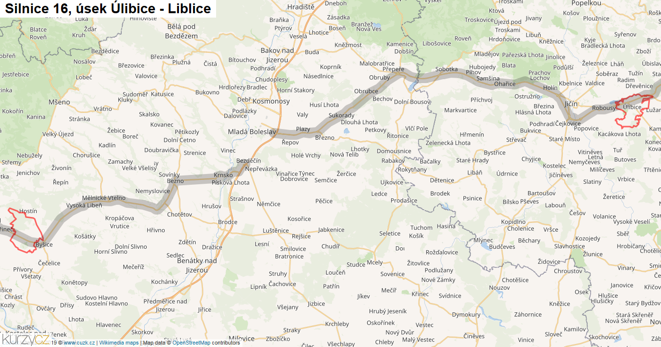 Úsek Úlibice - Liblice, Silnice 16 - Mapa