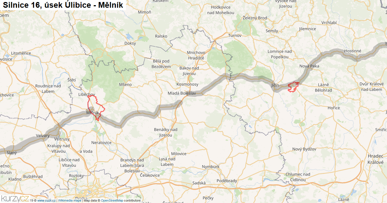 Úsek Úlibice - Mělník, Silnice 16 - Mapa