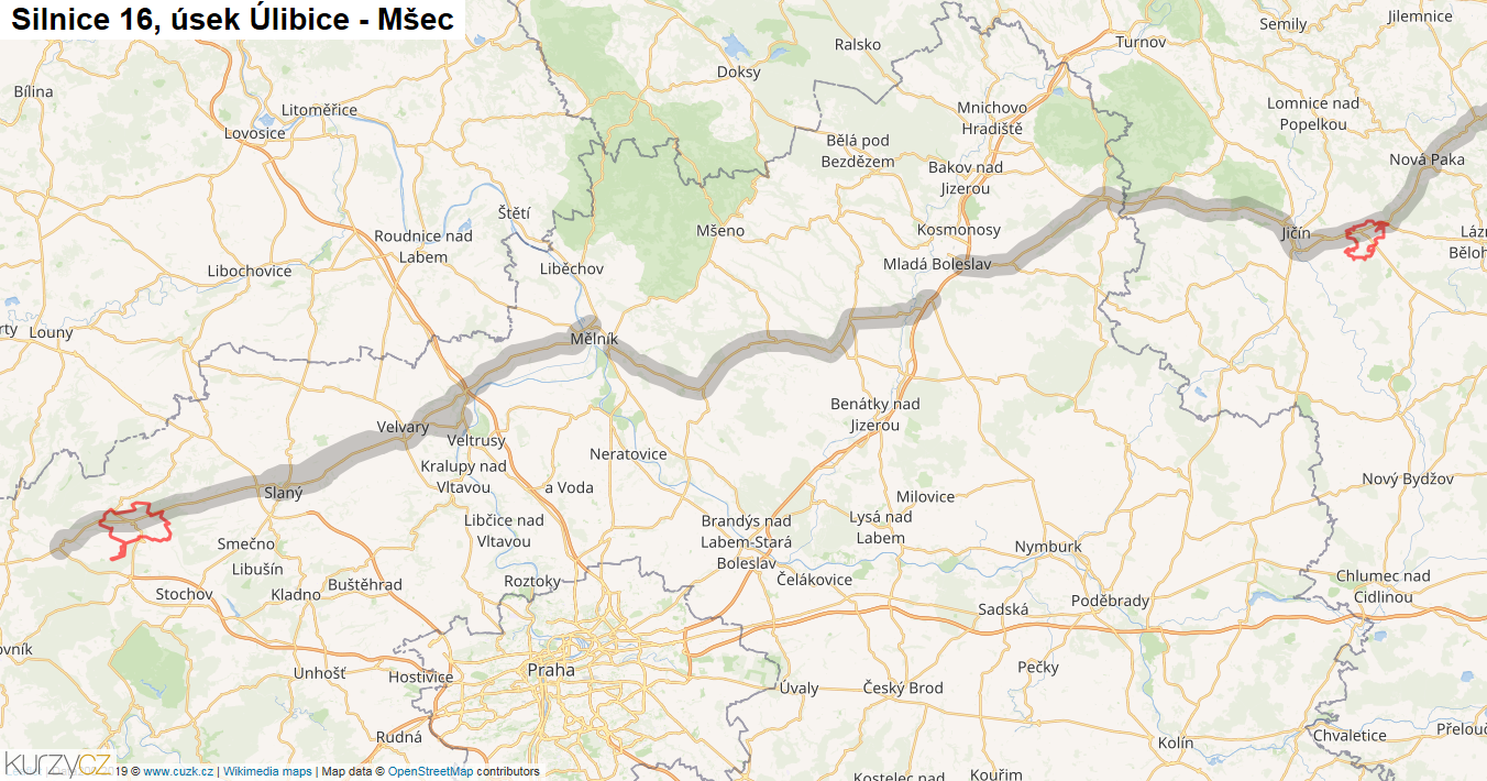 Úsek Úlibice - Mšec, Silnice 16 - Mapa