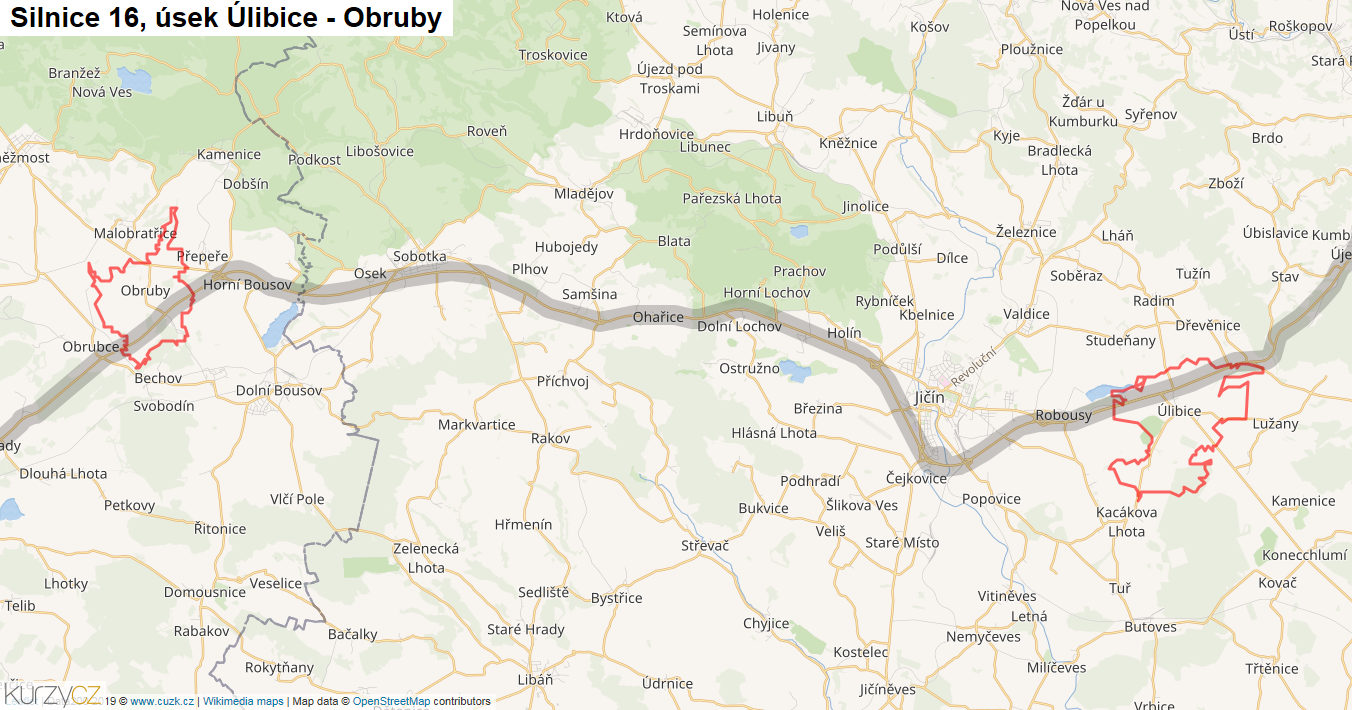 Úsek Úlibice - Obruby, Silnice 16 - Mapa
