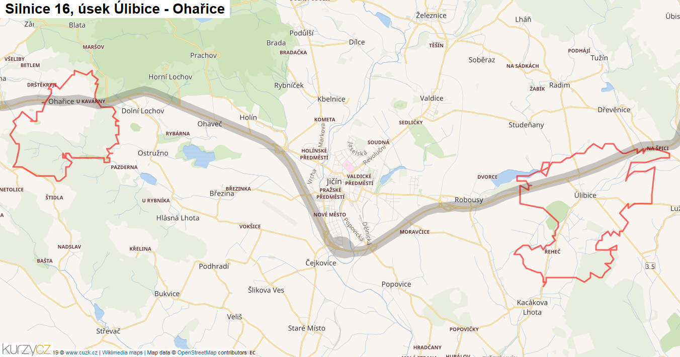 Úsek Úlibice - Ohařice, Silnice 16 - Mapa