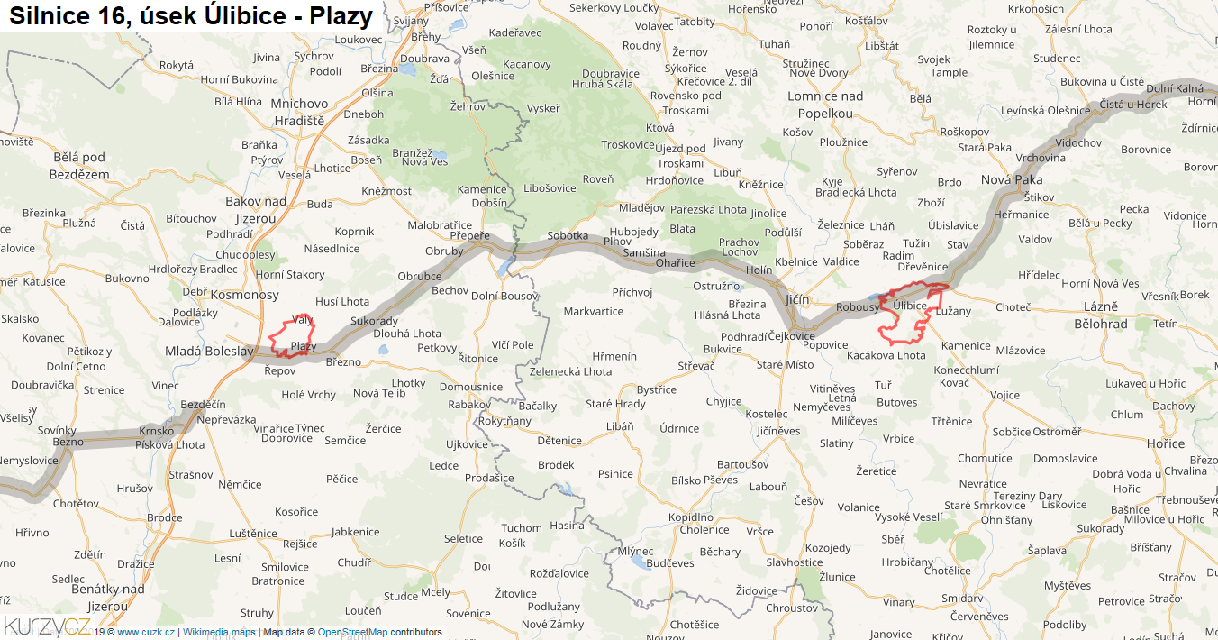 Úsek Úlibice - Plazy, Silnice 16 - Mapa