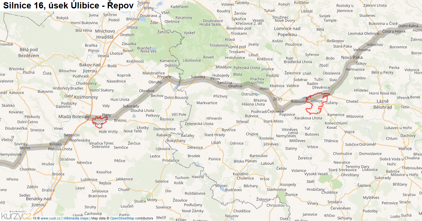 Úsek Úlibice - Řepov, Silnice 16 - Mapa