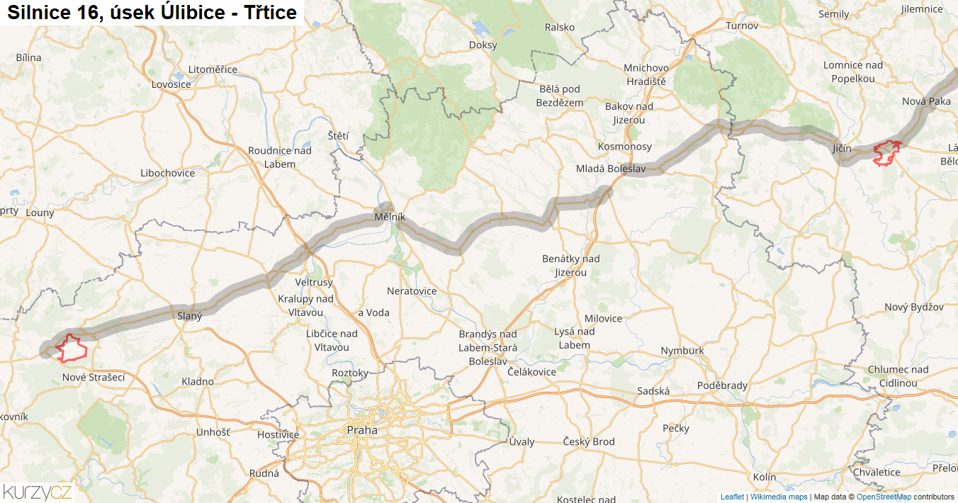 Úsek Úlibice - Třtice, Silnice 16 - Mapa