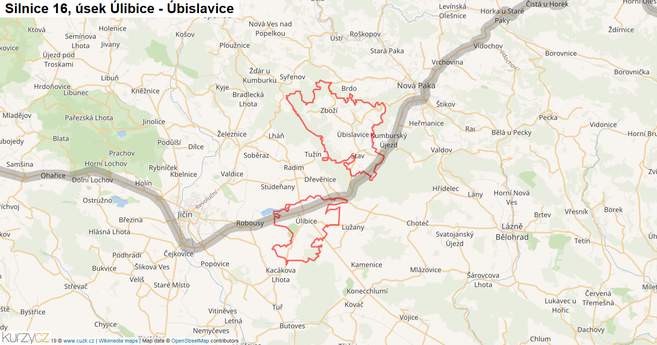 Úsek Úlibice - Úbislavice, Silnice 16 - Mapa