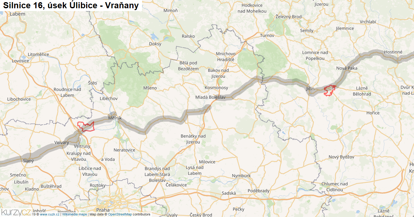 Úsek Úlibice - Vraňany, Silnice 16 - Mapa