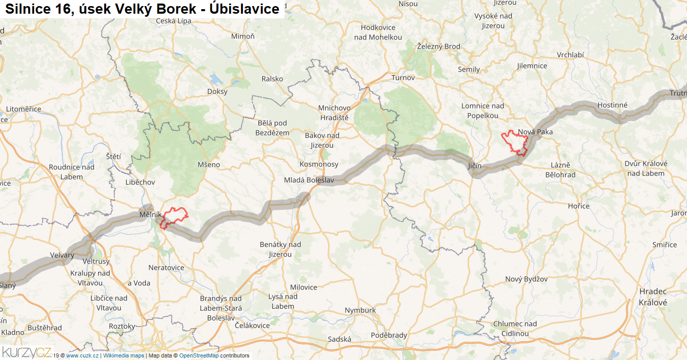 Úsek Velký Borek - Úbislavice, Silnice 16 - Mapa