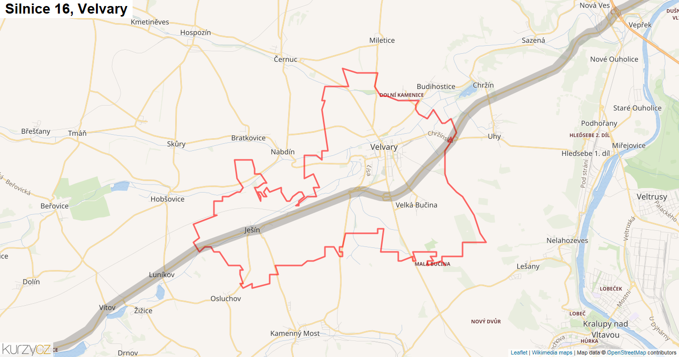 Velvary, Silnice 16 - Mapa