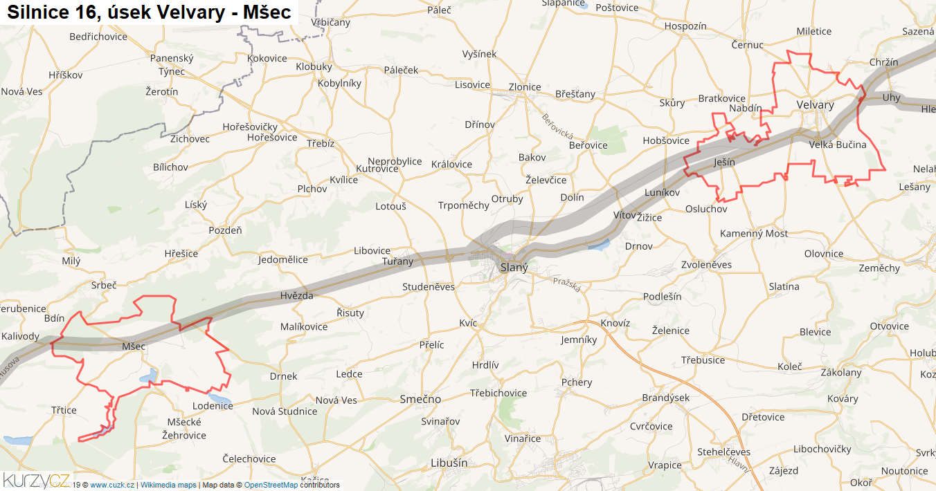 Úsek Velvary - Mšec, Silnice 16 - Mapa
