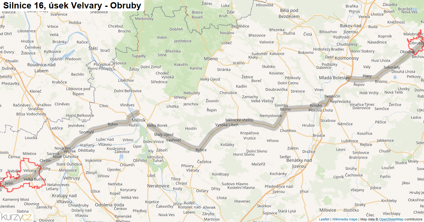 Úsek Velvary - Obruby, Silnice 16 - Mapa
