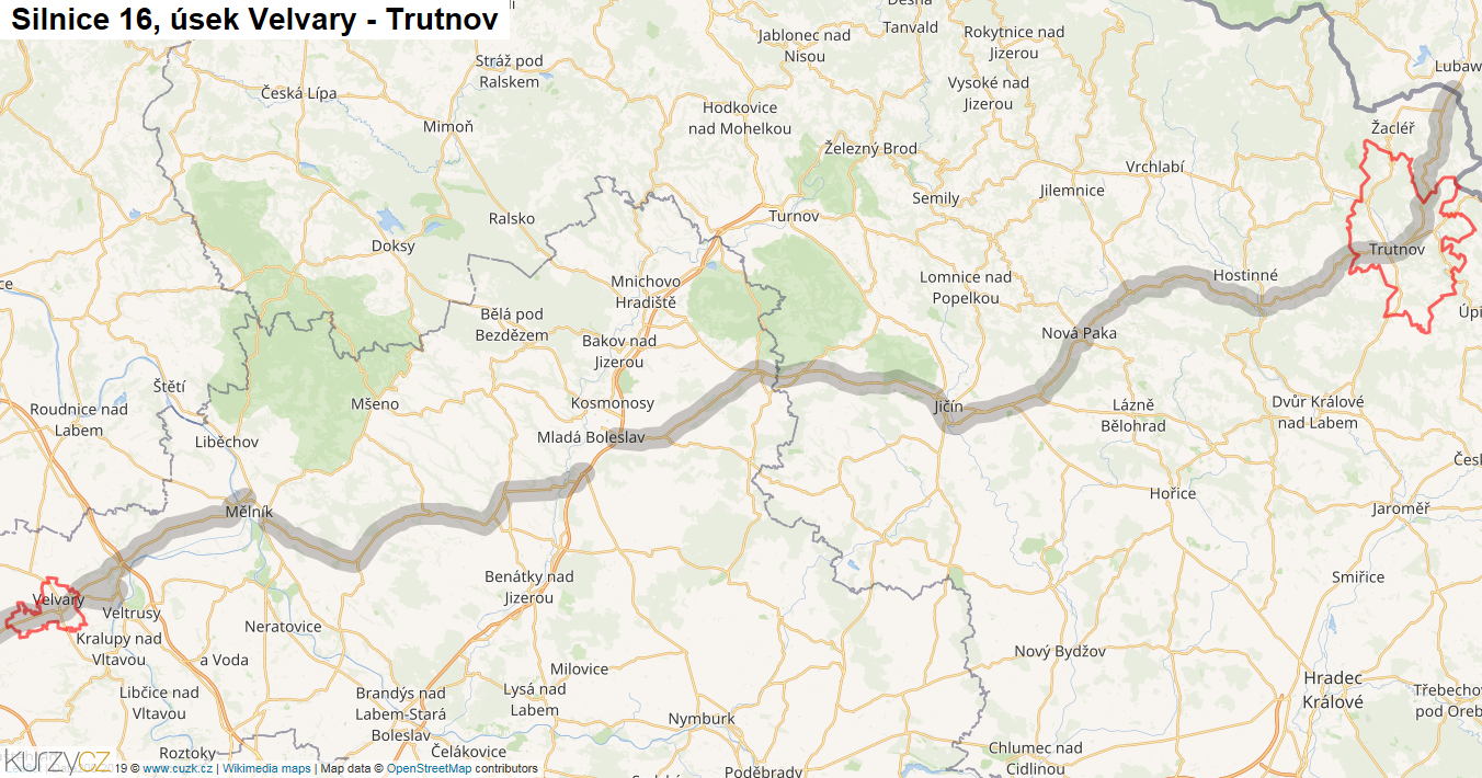 Úsek Velvary - Trutnov, Silnice 16 - Mapa