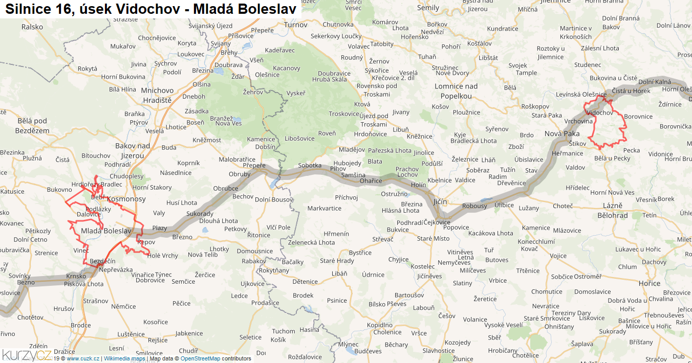 Úsek Vidochov - Mladá Boleslav, Silnice 16 - Mapa