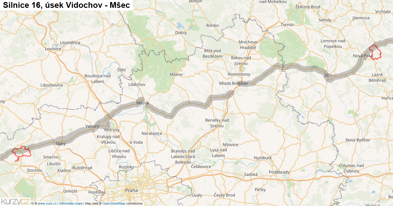 Úsek Vidochov - Mšec, Silnice 16 - Mapa