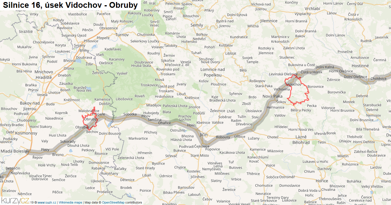 Úsek Vidochov - Obruby, Silnice 16 - Mapa