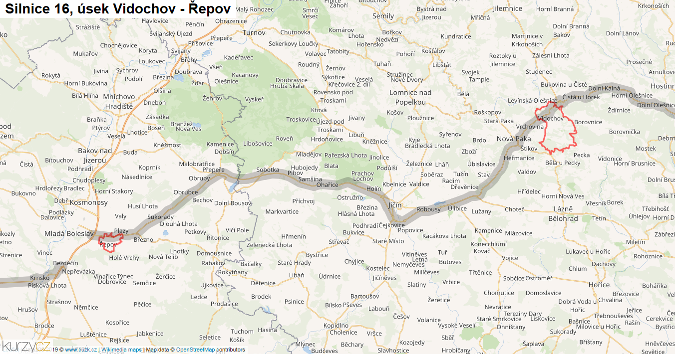 Úsek Vidochov - Řepov, Silnice 16 - Mapa