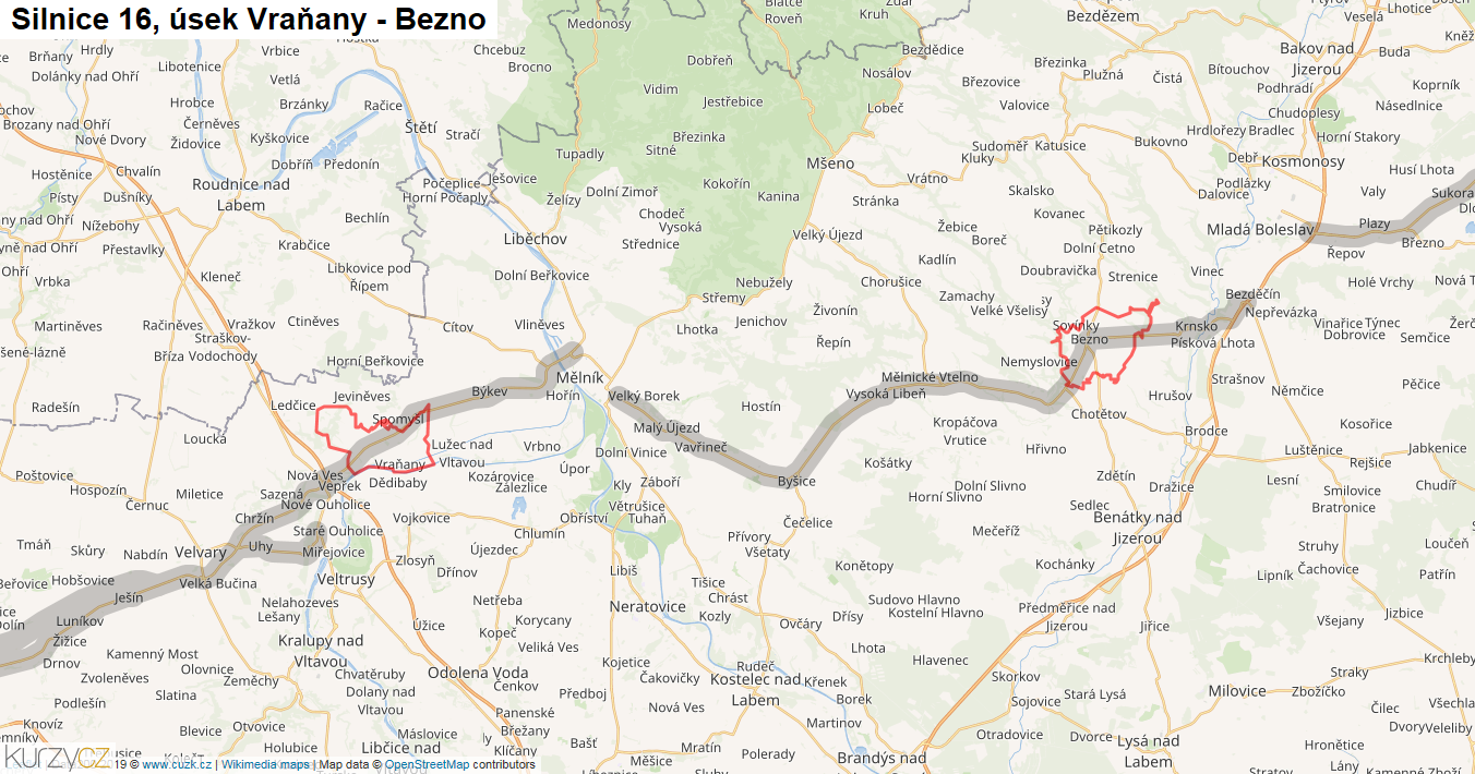 Úsek Vraňany - Bezno, Silnice 16 - Mapa