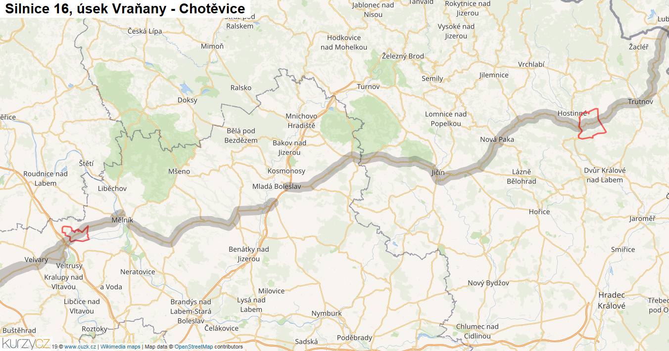 Úsek Vraňany - Chotěvice, Silnice 16 - Mapa