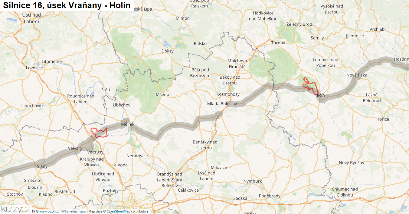 Úsek Vraňany - Holín, Silnice 16 - Mapa