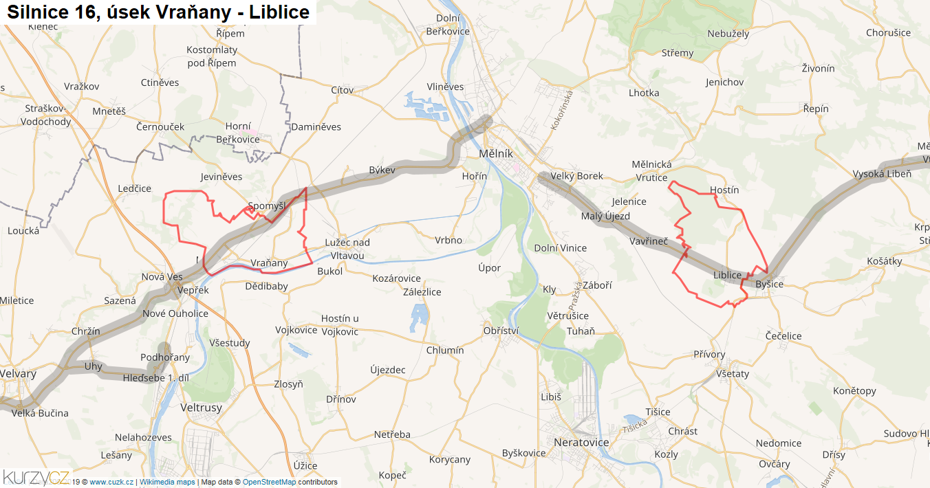 Úsek Vraňany - Liblice, Silnice 16 - Mapa