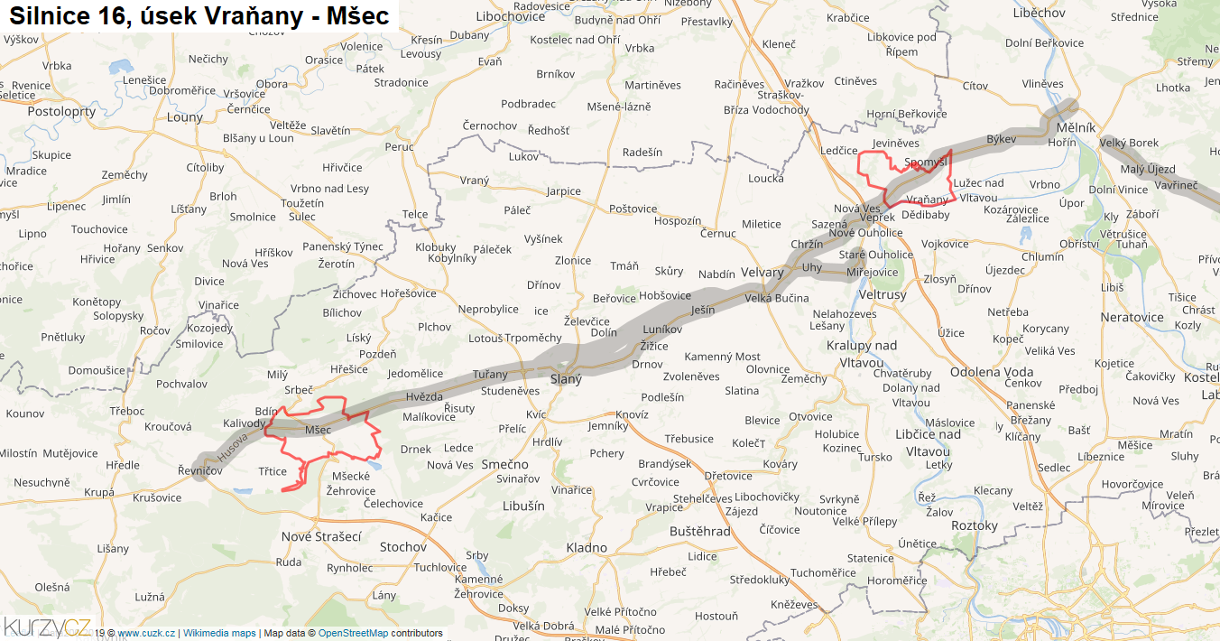 Úsek Vraňany - Mšec, Silnice 16 - Mapa