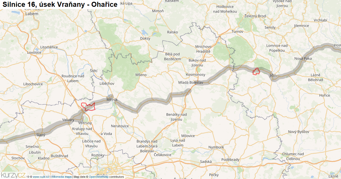 Úsek Vraňany - Ohařice, Silnice 16 - Mapa