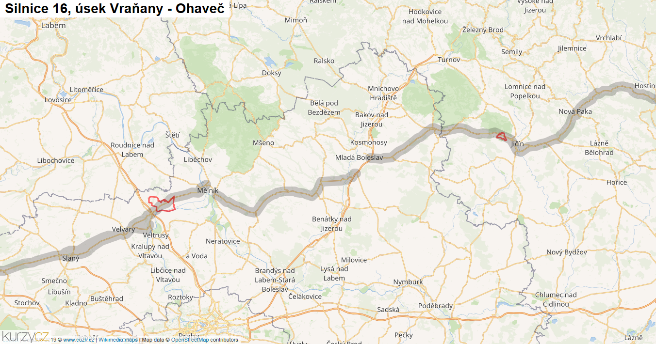 Úsek Vraňany - Ohaveč, Silnice 16 - Mapa