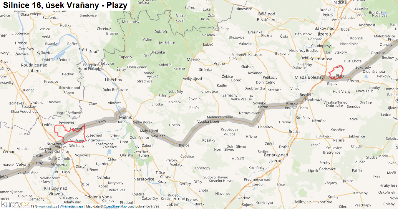 Úsek Vraňany - Plazy, Silnice 16 - Mapa