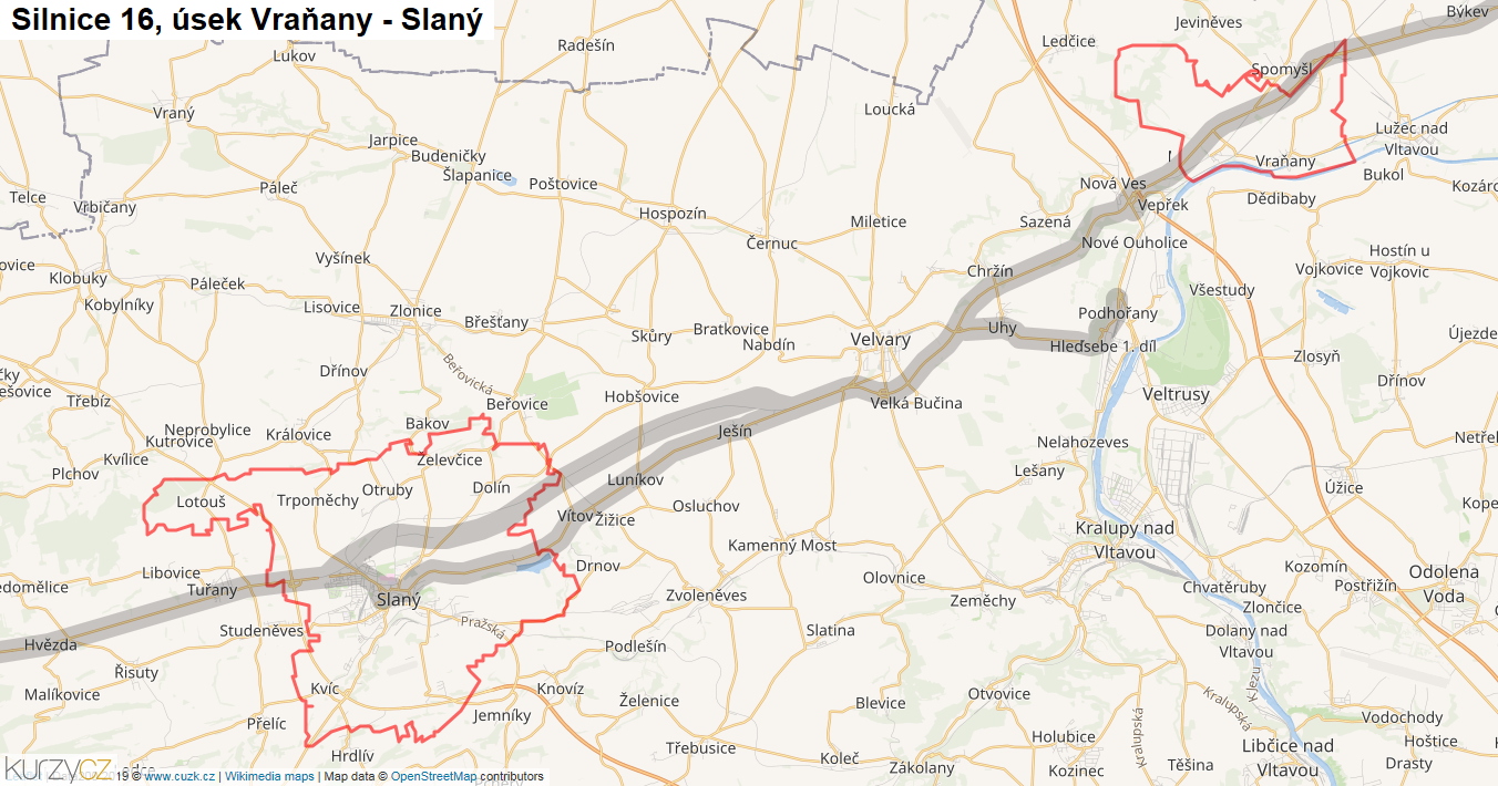 Úsek Vraňany - Slaný, Silnice 16 - Mapa