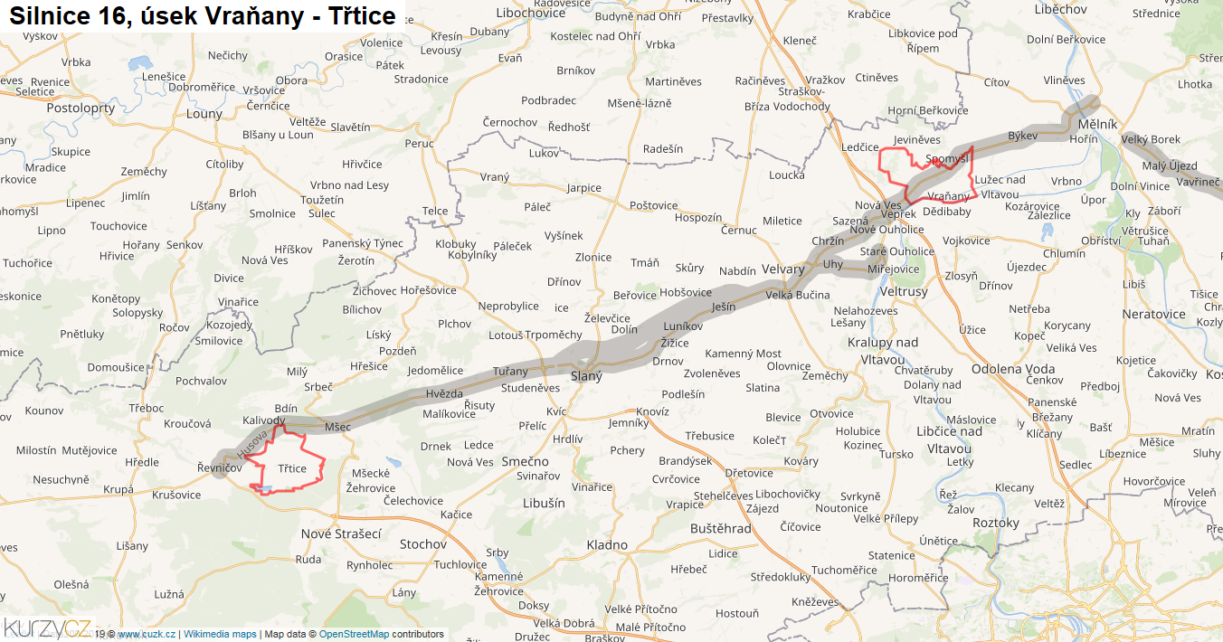 Úsek Vraňany - Třtice, Silnice 16 - Mapa