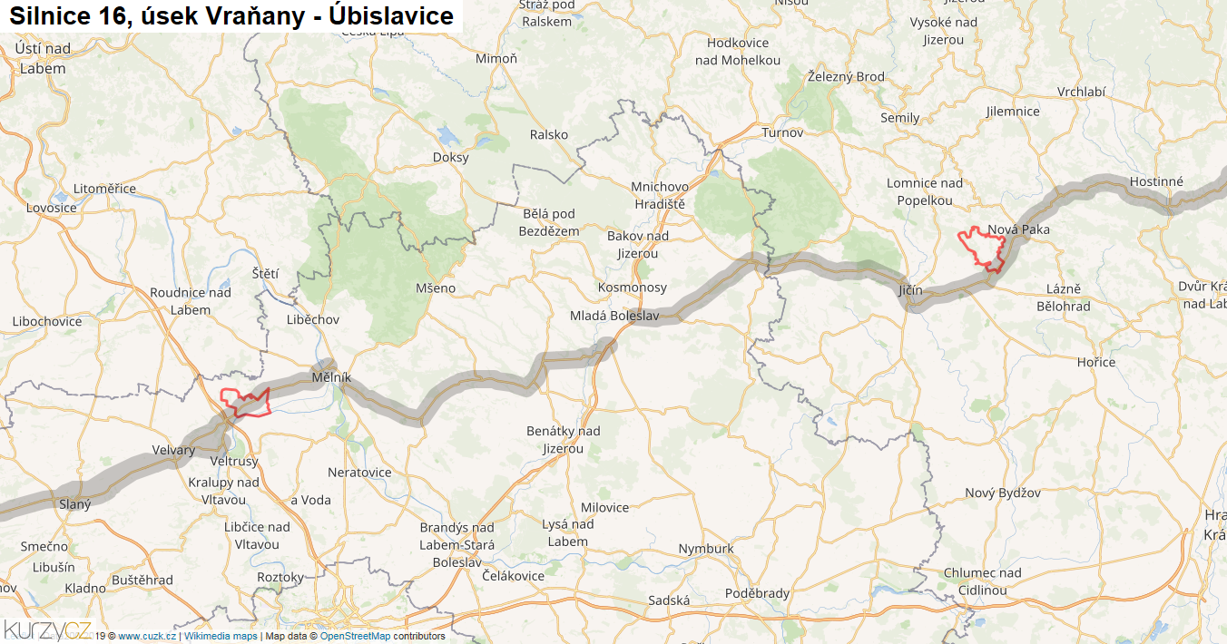 Úsek Vraňany - Úbislavice, Silnice 16 - Mapa