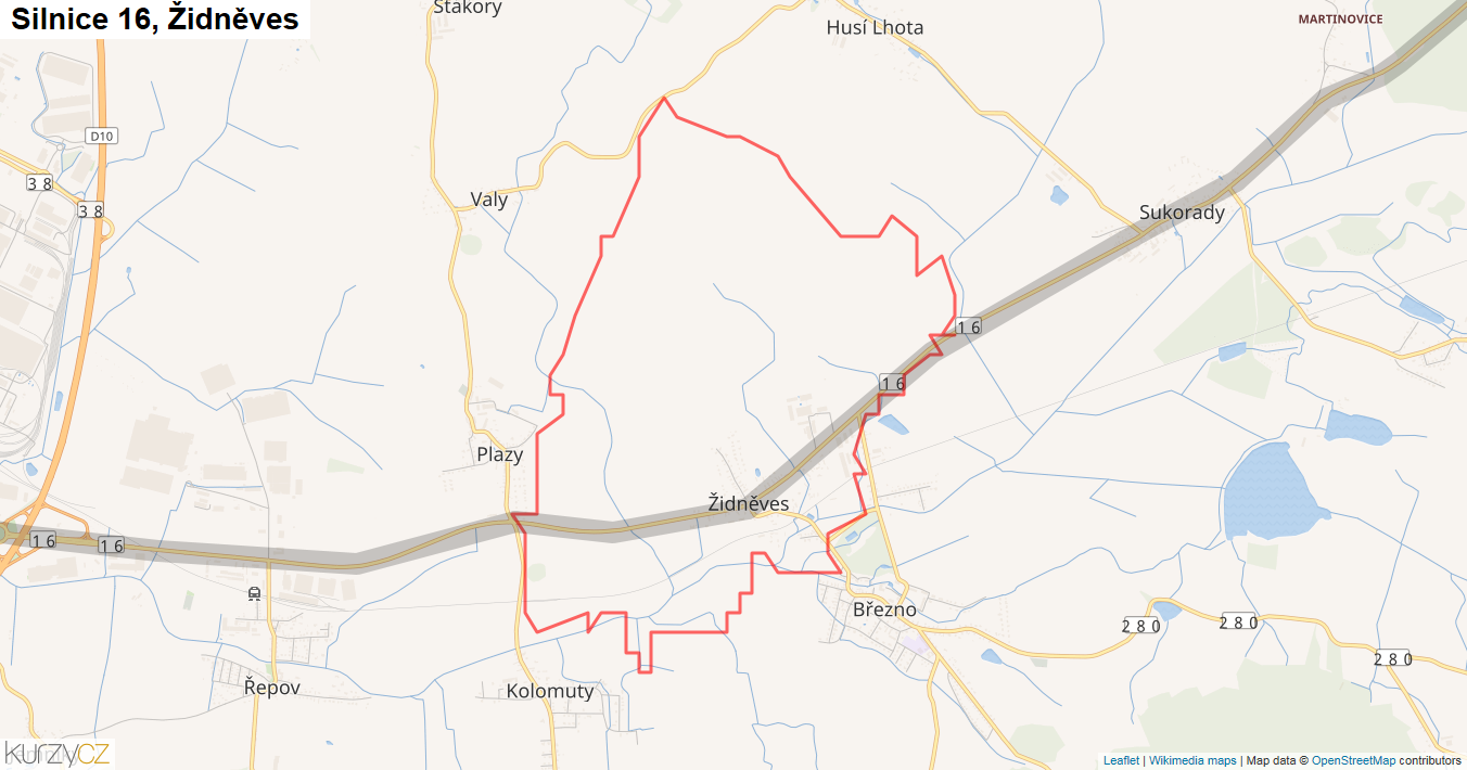 Židněves, Silnice 16 - Mapa