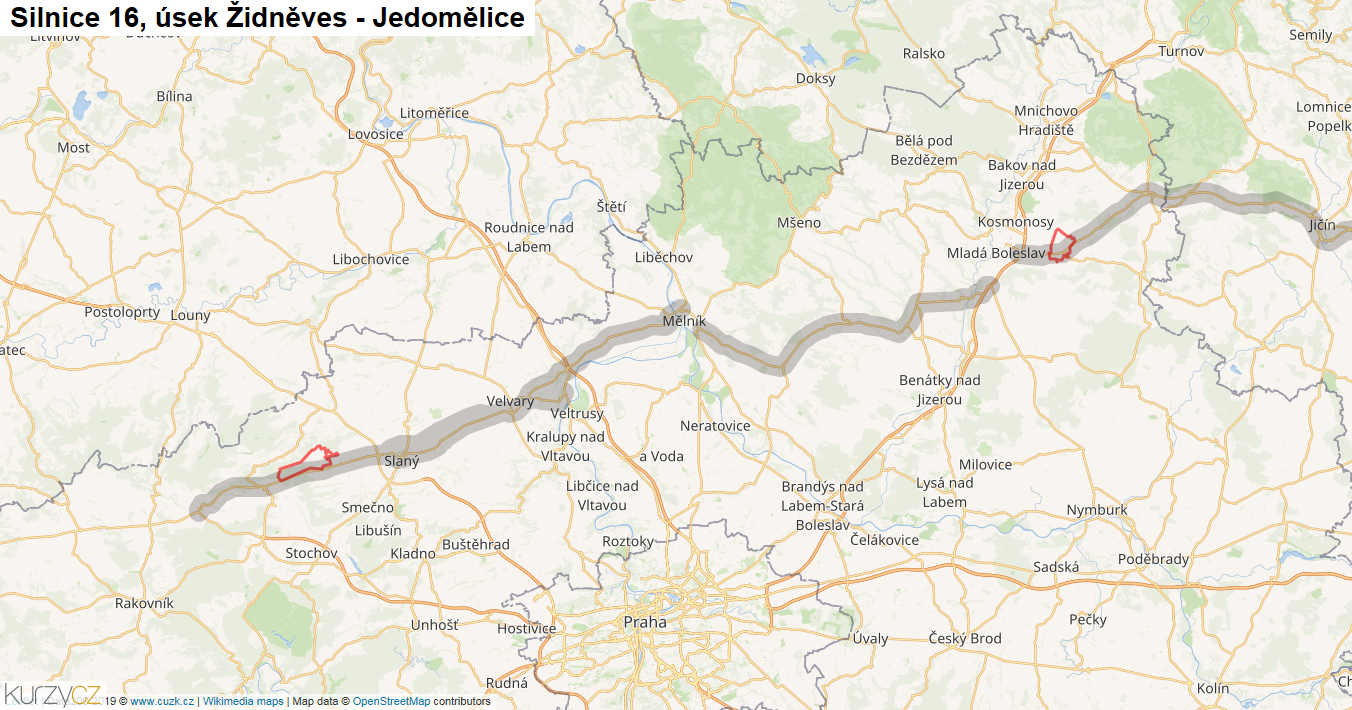 Úsek Židněves - Jedomělice, Silnice 16 - Mapa