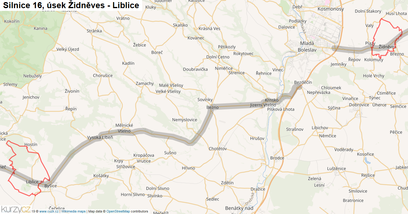 Úsek Židněves - Liblice, Silnice 16 - Mapa