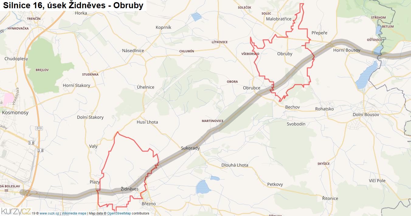 Úsek Židněves - Obruby, Silnice 16 - Mapa