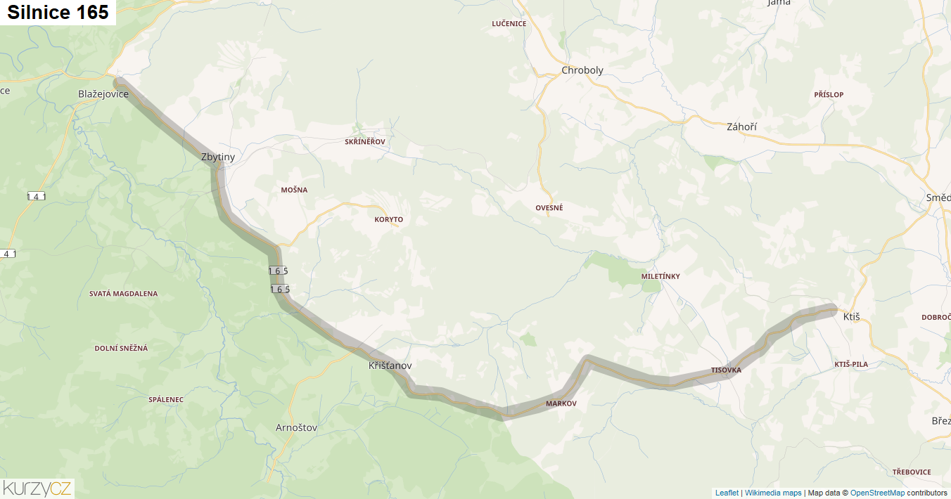 Silnice 165 - mapa Silnice 165