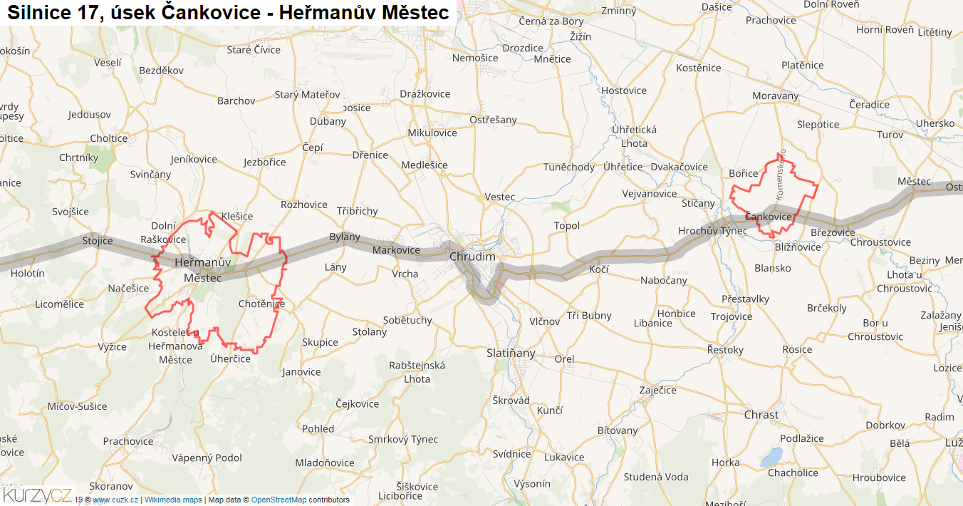 Úsek Čankovice - Heřmanův Městec, Silnice 17 - Mapa