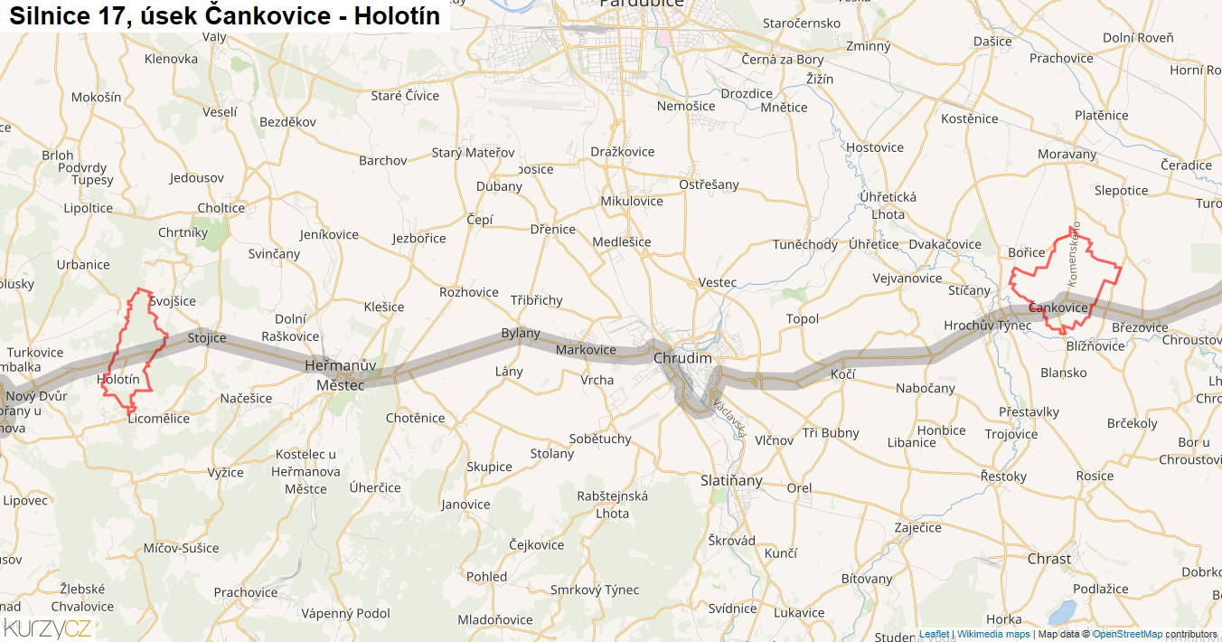 Úsek Čankovice - Holotín, Silnice 17 - Mapa