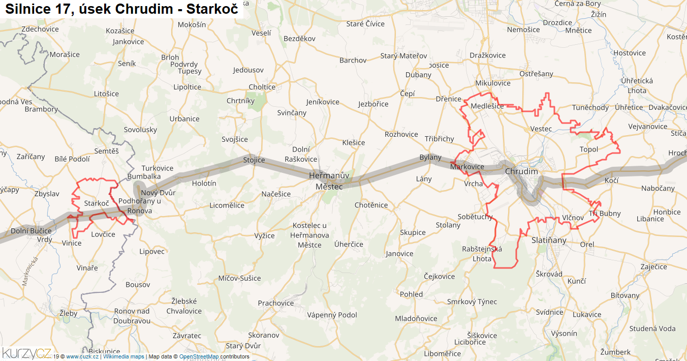 Úsek Chrudim - Starkoč, Silnice 17 - Mapa
