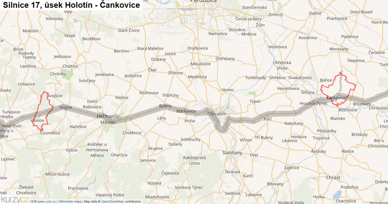 Úsek Holotín - Čankovice, Silnice 17 - Mapa